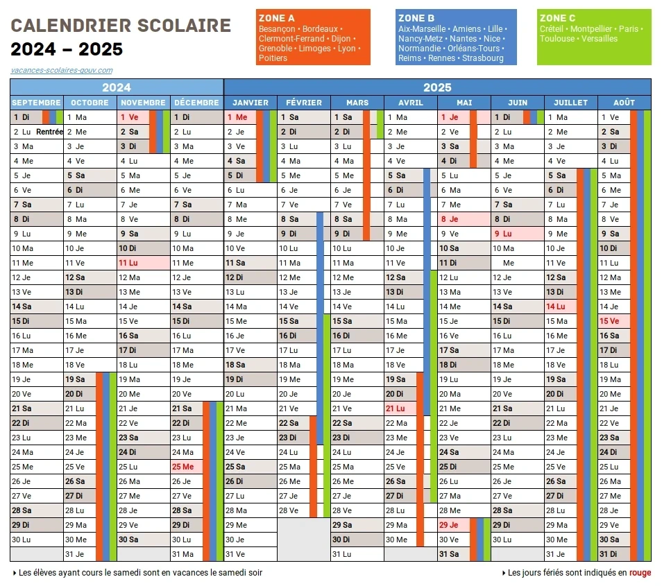 calendrier scolaire 2024/25