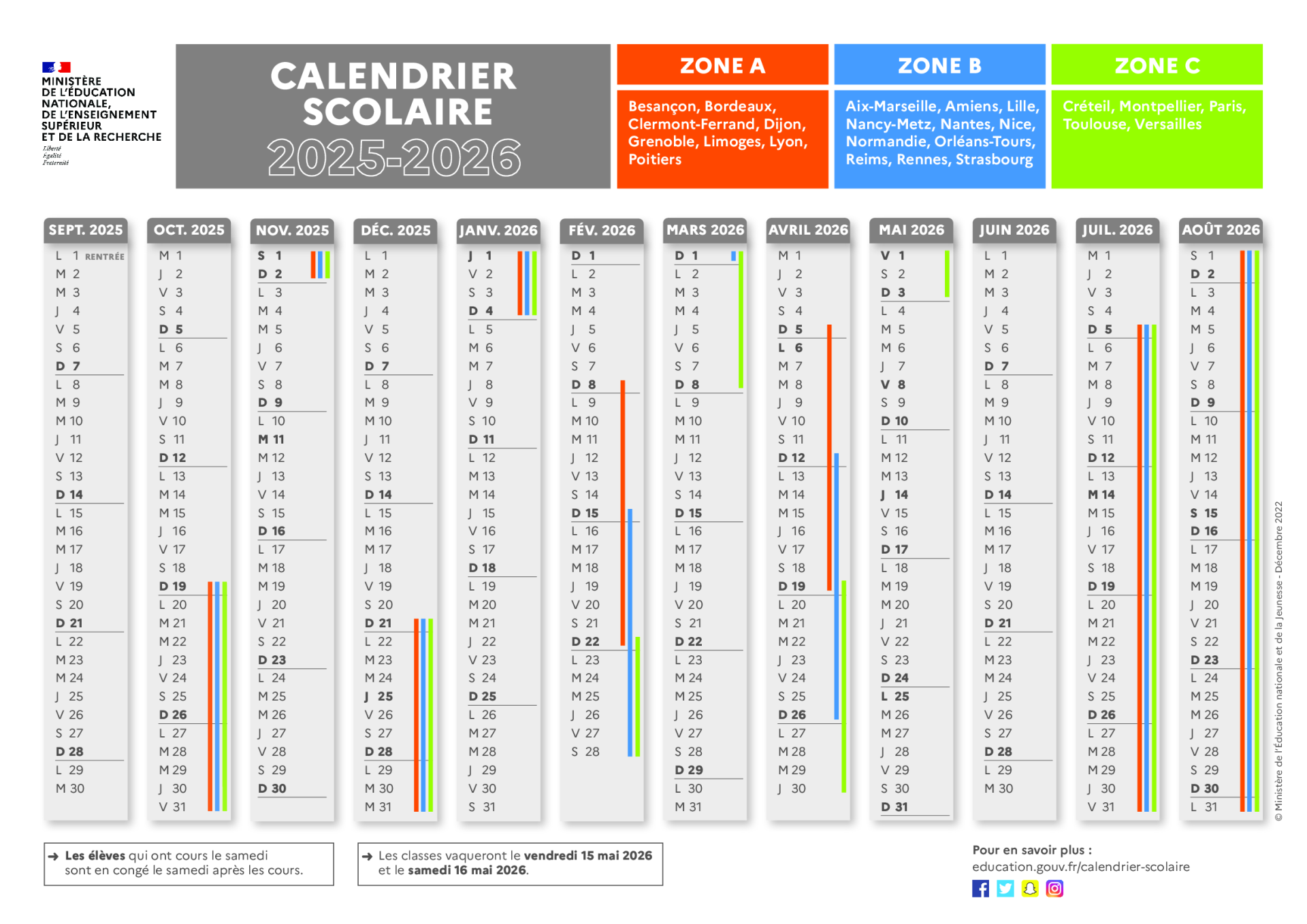 Calendrier scolaire 2025/26